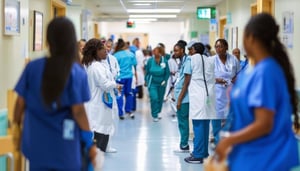 busy nhs ward with multi cultural staff