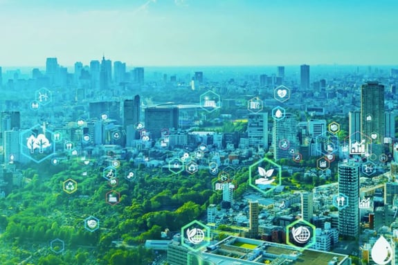 Sustainability graphic across a city skyline